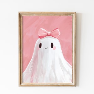 Vintage Pink Bow Ghost Wall Art Print, Halloween Nursery Decor, Preppy Trendy Printable, Coquette Cute Ghost Painting Girly Print Girls Room