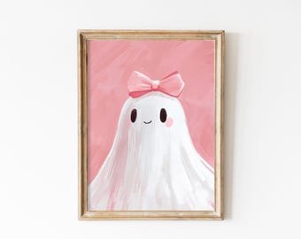 Vintage Pink Bow Ghost Wall Art Print, Halloween Nursery Decor, Preppy Trendy Printable, Coquette Cute Ghost Painting Girly Print Girls Room
