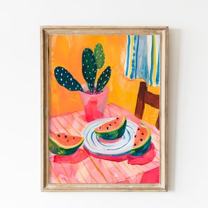 Wassermelonen-Sommer-Poster Obst Flatlay Essen am Tisch Hellrosa Wandkunst Zartrosa Wassermelone Kaktusfeige Kaktus Kunst Geschenk Matisse Art