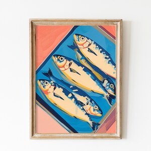 Oil sardines Print Retro Kitchen Decor Fish Restaurant Decor Soft Pink Foodie Gift  Wall Art Tinned Sardine Print Retro Fish Painting