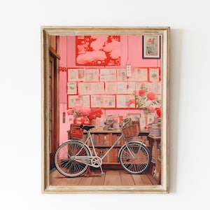 Arte imprimible de Kyoto Pink, decoración japonesa coqueta para el hogar, arte de pared retro, impresiones artísticas de los años 90, póster Y2k, impresión estética, regalo para amantes de los libros sobre bicicletas