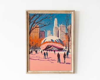 Retro Chicago Travel Poster: Pink Cityscape Art (Digital Download)