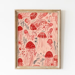 Pink Jelly Print, Beach Print, Marine Summer Painting Girly Seaside Decor Minimalist Printable Wall Art Jellyfish Art Jellyfishes Room Decor