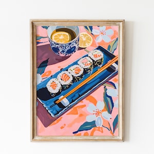 Delicious Sushi Print Download Seafood Kitchen Art Printable Japanese Poster Flatlay Food In The Table, Cute Pink Print Decor Asian Wall Art