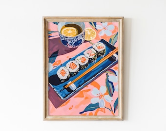 Stampa artistica di sushi: arredamento per cucina giapponese, tavolo con fiori rosa (download digitale)