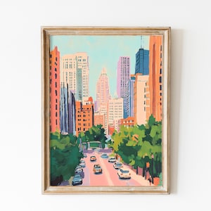 Póster retro de Chicago, arte mural de la línea de esquí de Chicago en rosa suave, pintura al óleo vintage de Chicago, póster de viaje de EE. UU., regalo de decoración de dormitorio, paisaje urbano