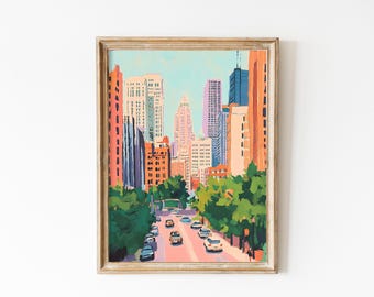Retro Chicago Poster, Soft Pink Chicago Skiline Wall Art, Vintage Chicago Oil Painting, USA Travel Poster, Dorm Decor Gift, City Landscape