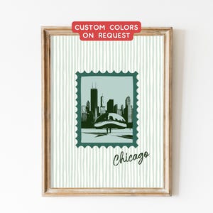 Retro Chicago Skyline Print: Sage Green USA Travel Poster (Digital Download)