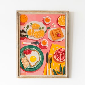 Breakfast Flatlay Food In The Table Wall Art | Sunny Side Up Printable | Kitchen Art Print Gift for Foodies Colorgul Tea and Waffle Poster