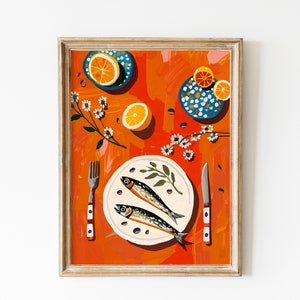 Red Sardines Wall Art, Sardines Digital Print, Vintage Food Poster, Retro Food Art, Kitchen Wall Art, Fish Restaurant Wall Decor, Trendy Art