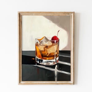 Retro Amaretto Sour Print, Elegant Gift for Him, Cocktail with Cherry Painting, Amaretto Art, Kitchen Bar Card Decor, Classy Bartender Gift