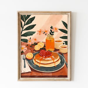 Colorful Breakfast Flatlay Wall Art Printable, Kitchen Decor Gift for Foodies, Strawberry Pancakes Poster, Vintage Farmhouse Food Painting