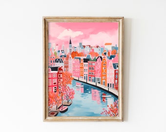 Cute Amsterdam Canals Travel Poster, Netherlands Architecture Print, Soft Pink Wall Art, Romantic Amsterdam Flowers Print, Holland Dutch Art