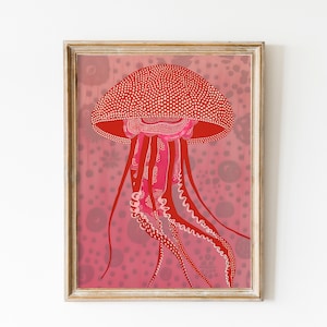 Psychedelic Jellyfish Wall Art, Minimalist Bright Red Wall Decor, Psy Dots Poster, Cool Pink Gallery Wall Art