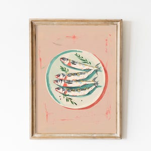 Pastel Pink Sardines Art, Kitchen Print, Sardines Tin Wall Art, Dining Room Decor Retro Food Vintage Kitchen Decor Fish Poster Fishermen Art