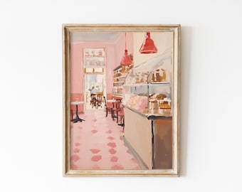 May include: A framed painting of a pink-toned cafe interior. The artwork depicts a display case filled with pastries, tables, chairs, and red pendant lights. The floor has a pink tile pattern, and the walls are a soft pink.