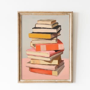Impresión amante de los libros, pintura de pila de libros, arte imprimible de ratón de biblioteca, arte de pared de moda azul suave, impresión digital, estética de apartamento, arte pastel