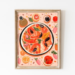 Delicious Fresh Paella Print Download, Pink Seafood Kitchen Art Printable, Spanish Poster Flatlay Food In The Table, Lemons Wall Art Decor