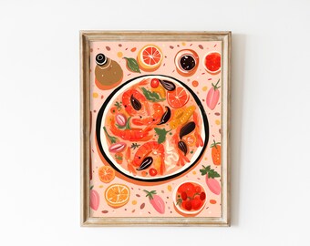 Paella Kitchen Print: Spanish Seafood Art, Pink Lemons Decor (Digital Download)