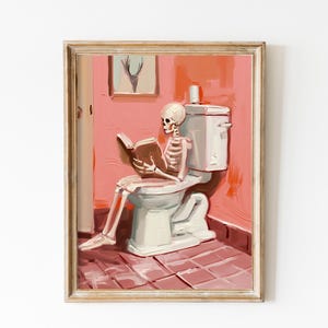Halloween Bathroom Print: Pink Skeleton on Toilette - Funny Art (Digital Download)