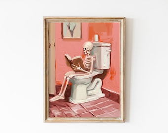 Vintage Bathroom Halloween Print, Pink Skeleton Wall Art Art, Cute Skeleton Painting, Toilette Funny Art, Soft Pink Preppy Trendy Printable