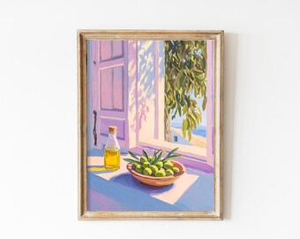 Green Olives Kitchen Print: Mediterranean Window Still Life (Digital Download)