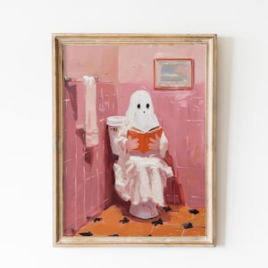 Vintage Bathroom Halloween Print, Pink Ghost Wall Art Art, Cute Ghost Painting, Toilette Funny Art, Soft Pink Preppy Trendy Printable