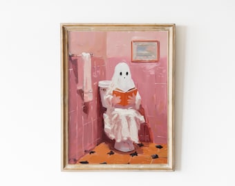 May include: A painting of a ghost sitting on a toilet in a pink bathroom, reading a book. The ghost is wearing a white sheet and has a book in its hands. The bathroom has pink tiles and a white towel hanging on the wall.