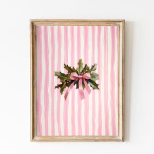 Pink Christmas Mistletoe and Pink Bow Painting Farmhouse Holiday Decor Pink Strips Wall Art Rustic Christmas Art Print Neutral Xmas Decor