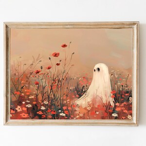 Vintage Pastel Pink Flowers Ghost Wall Art, Coquette Halloween Decor Preppy Trendy Printable Cute Ghost Painting Girly Nursery Painting