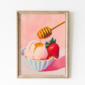 Erdbeeren Gelato Druck, Honigeis Poster, Pastell Rosa Sommer Wandkunst, La Dolce Vita, Küchendeko, Eis Dessert Tasse Kunst