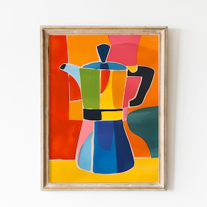 May include: A framed abstract painting of a colourful coffee pot with a yellow, orange, red, green, blue, and black design.