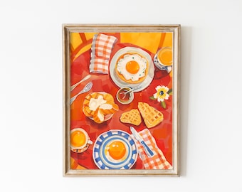 Breakfast Flatlay Food In The Table Wall Art | Colorful Wall Art Printable | Kitchen Art Print Gift for Foodies | Tea and Waffle Poster