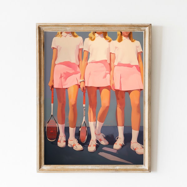 Retro Tennis Girl  | Preppy Room Decor | Girly Wall Art | Pink Apartment Painting | Soft Girl Aesthetic | 1950th Aesthetic Wall Art