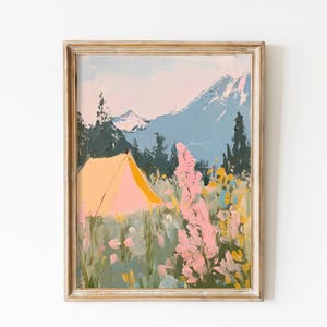 Camping in Wildflowers Print, Pink Tent in Mountain Landscape, Fauvist Nature Wall Art, Summer Adventure Poster, Cozy Pastel Decor