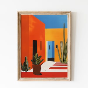 Modernist Architektur-Druck, Midcentury mexikanische Wüstenkaktus-Kunst, lebendige Farben Wandkunst, Mexiko-Liebhaber-Sommergeschenk, Bauhaus-geometrischer Druck