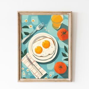 Blue Breakfast Flatlay Food In The Table Wall Art, Sunny Side Up Printable, Girly Kitchen Art Print Gift for Foodies Colorful Eggs Poster