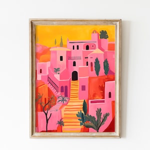 Art mural marocain, impression de Marrakech mignonne, art de l'architecture, affiche de voyage orientale, art du maroc rose, cadeau pour les amateurs de voyages