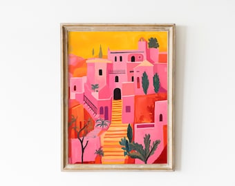 May include: A framed painting of a pink building with a yellow staircase in front of it. The building is set against a yellow background with a few palm trees and other greenery.