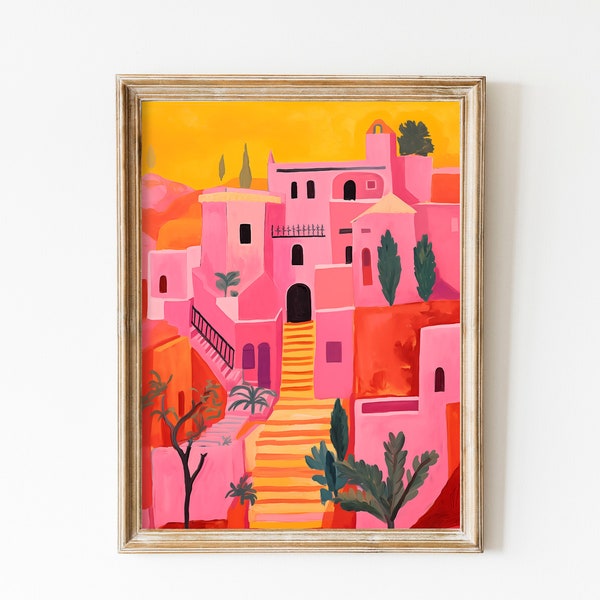 Cute Marrakesh Print, Morocco Architecture Art, Oriental Travel Poster, Hot Pink Wall Art, Playful Fauvist Dorm Art, Gift for Travel Lovers