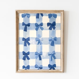Blue Checkered Print with Bows - Girly Coquette Aesthetic, Pastel Blue Gingham Wall Art Blue Nursery, Balletcore Printable, Digital Download