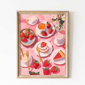 Strawberry Poster Flatlay Food In The Table Light Pink Wall Art Soft Pink Instant Download Pink Aesthetics Gift Strawberries Cake Kitchen