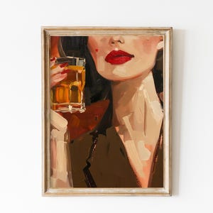 Póster de cóctel retro, retrato de mujer, elegante decoración de dormitorio universitario femenino, póster de pintura de whisky, impresiones de cócteles descargables, carrito de bar