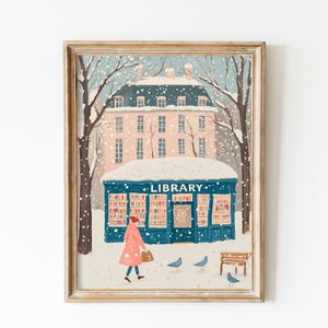 Library Poster in Winter. Xmas Pastel Academia, New York Print, 1950s Aesthetic, Soft Girl Aesthetic, Reading Posters, Preppy Room Decor