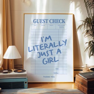 Blue Guest Check Print, Just a Girl Wall Art, Coquette Dusty Blue Print, Preppy Wall Decor, Girly Quote Decor, Trendy Art Gift for Teen Girl