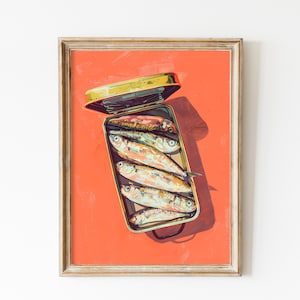 Red Sardines Tin Print, Kitchen Print, Sardine Wall Art Dining Room Decor, Retro Food, Vintage Kitchen Decor, Fish Poster Trendy Seafood Art