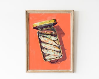 Red Sardines Tin Print: Retro Kitchen Seafood Art (Digital Download)