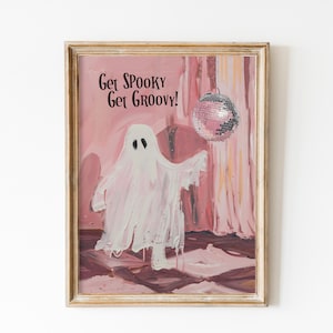 Pink Mirrorball Ghost Poster, Boogie Halloween Decor, Groovy Preppy Dorm Art, Funny Disco Cute Spooky, Preppy Halloween Creature Print