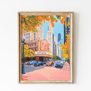 Póster retro de Chicago, arte de pared de Chicago en rosa suave, pintura al óleo vintage de Chicago, póster de viaje de EE. UU., regalo de decoración de dormitorio, paisaje de ciudad en rosa suave