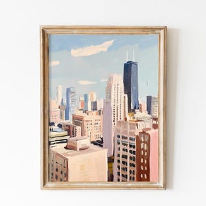 Póster retro de Chicago, arte mural de la línea de esquí de Chicago en rosa suave, pintura al óleo vintage de Chicago, póster de viaje de EE. UU., regalo de decoración de dormitorio, paisaje urbano